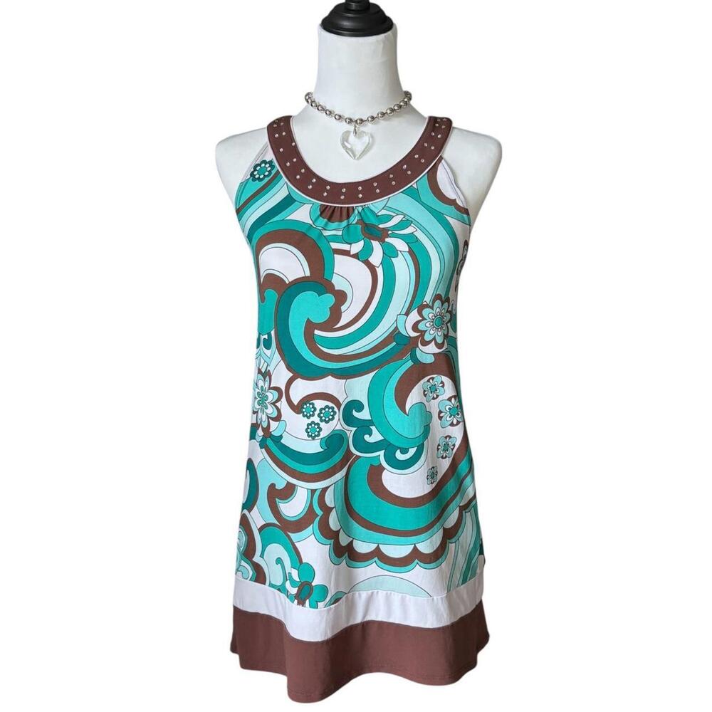 2000s Limited Too blue and brown retro a-line top with rhinestone neckline